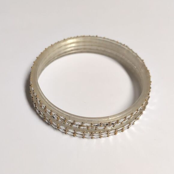 Set of 4 Cream Gold Beaded‎ Diamond Mirrored Bangle Bracelets - Picture 1 of 4